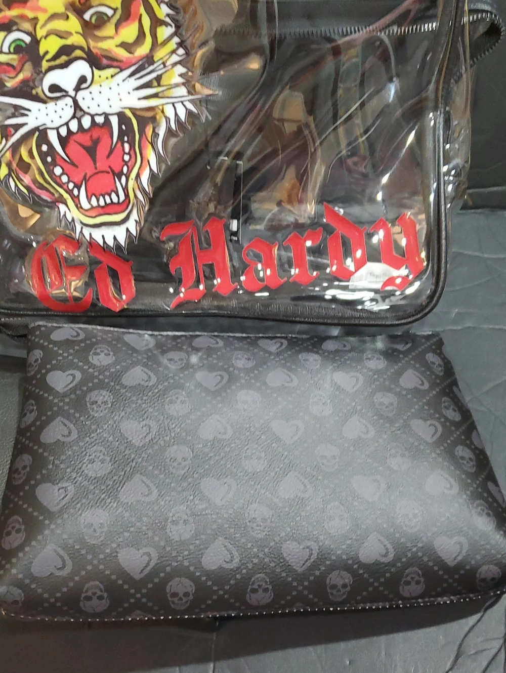 Ed Hardy 3piece clear vinyl makeup bag & 2 black cosmetics beauty pouch case